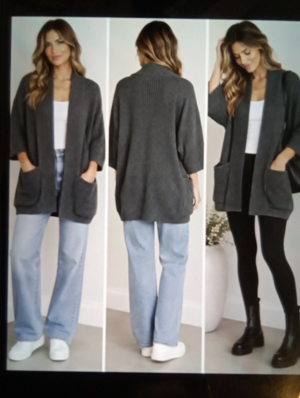 Pact Black Ribbed Open-Front Women's Cardigan Organic Cotton Oversized Xs/S